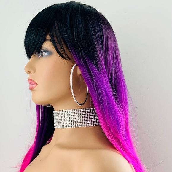Very Pretty 26” Pink Fuchsia Wig with Bangs for Events or Daily Wear - Picture 8 of 11